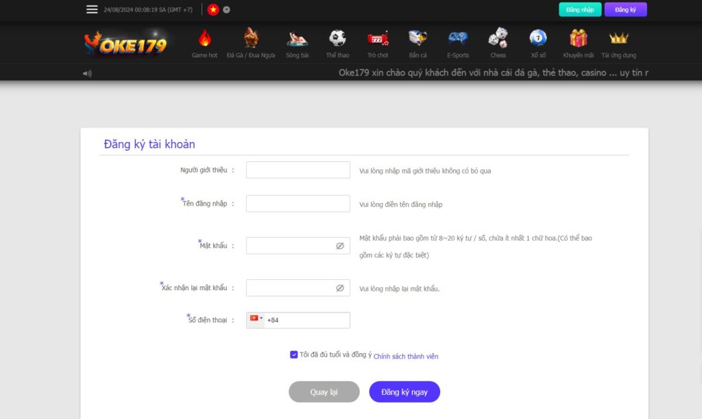 Hướng dẫn đăng ký tài khoản nhà cái đá gà Oke179